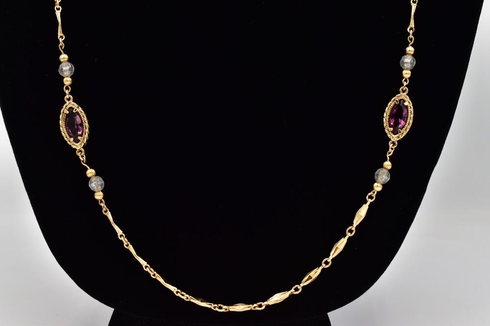 1928 Vintage Necklace Purple Crystal Gold Bezel Long Station Beaded Signed 9J